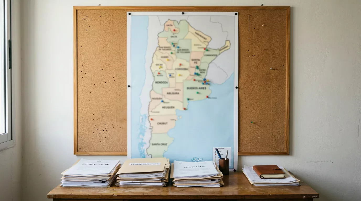 Mapa de Argentina con divisiones provinciales sobre un escritorio junto a documentos de regulación de apuestas